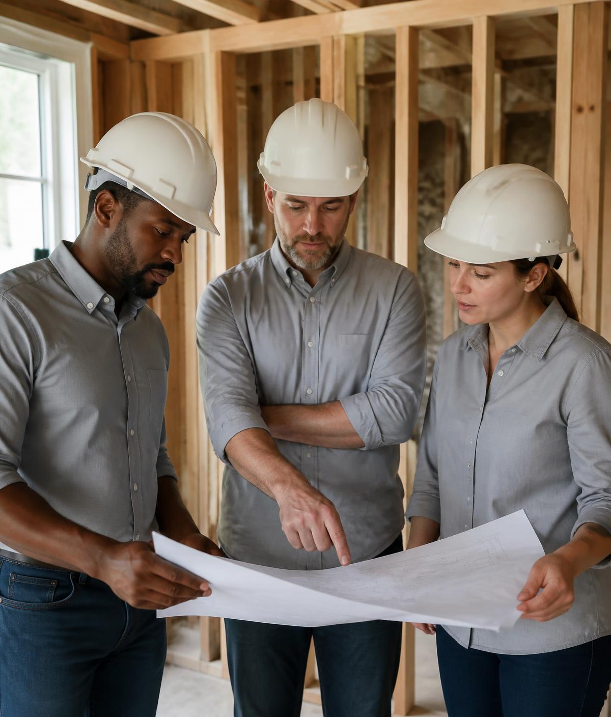 Level Up Construction crew reviewing plans inside a home renovation