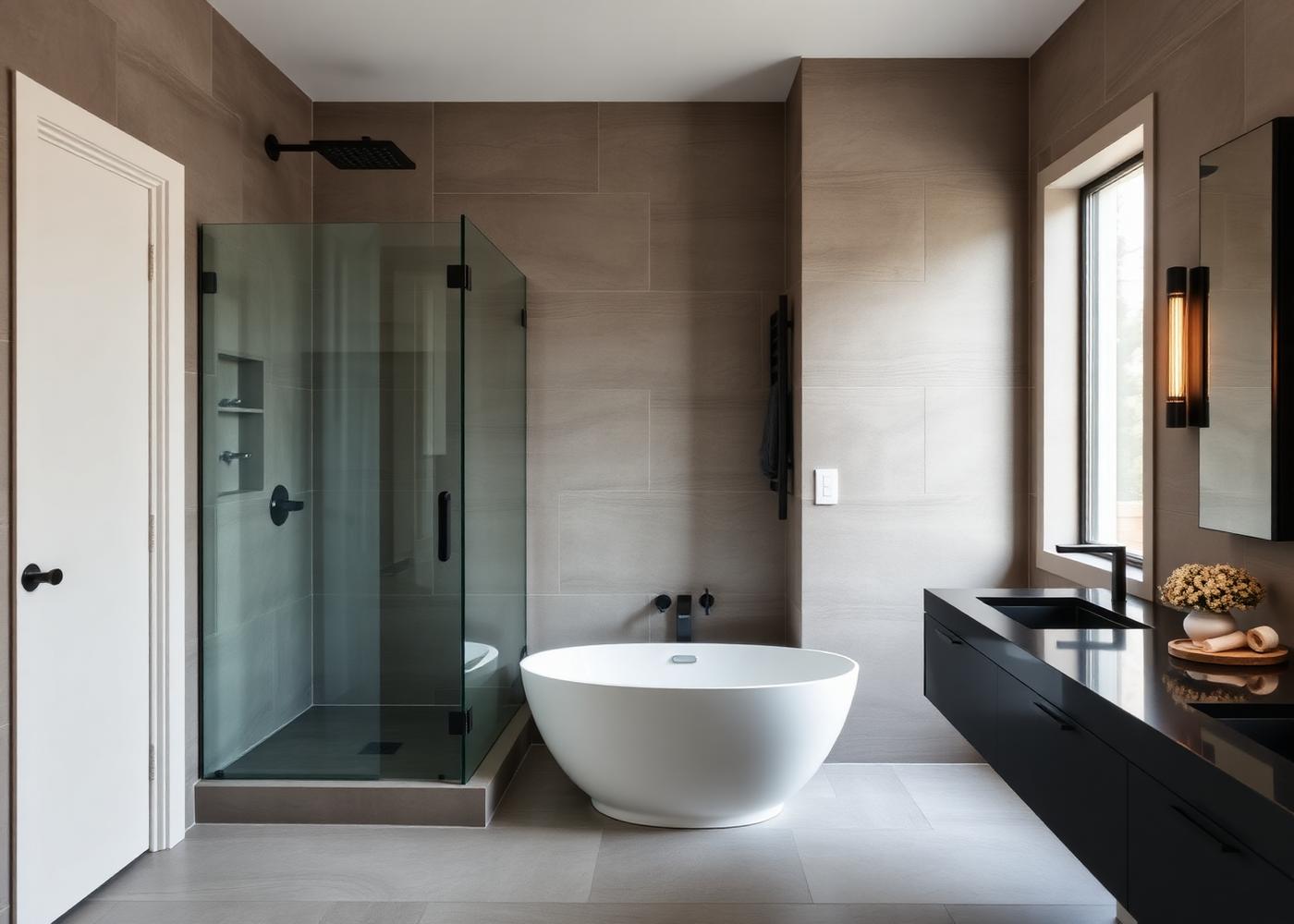 Fully remodeled modern bathroom with large format tile and walk-in shower