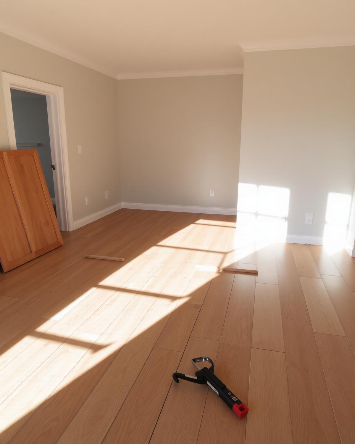 New hardwood plank flooring being installed in a sunlit room